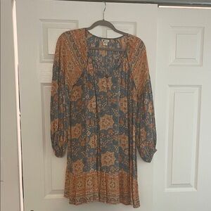 Billabong Floral Long Sleeve Dress in Blue and Brown